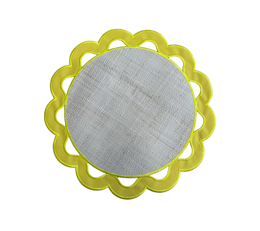 Individual reversible redondo en lona y rafia Huecos Amarillo