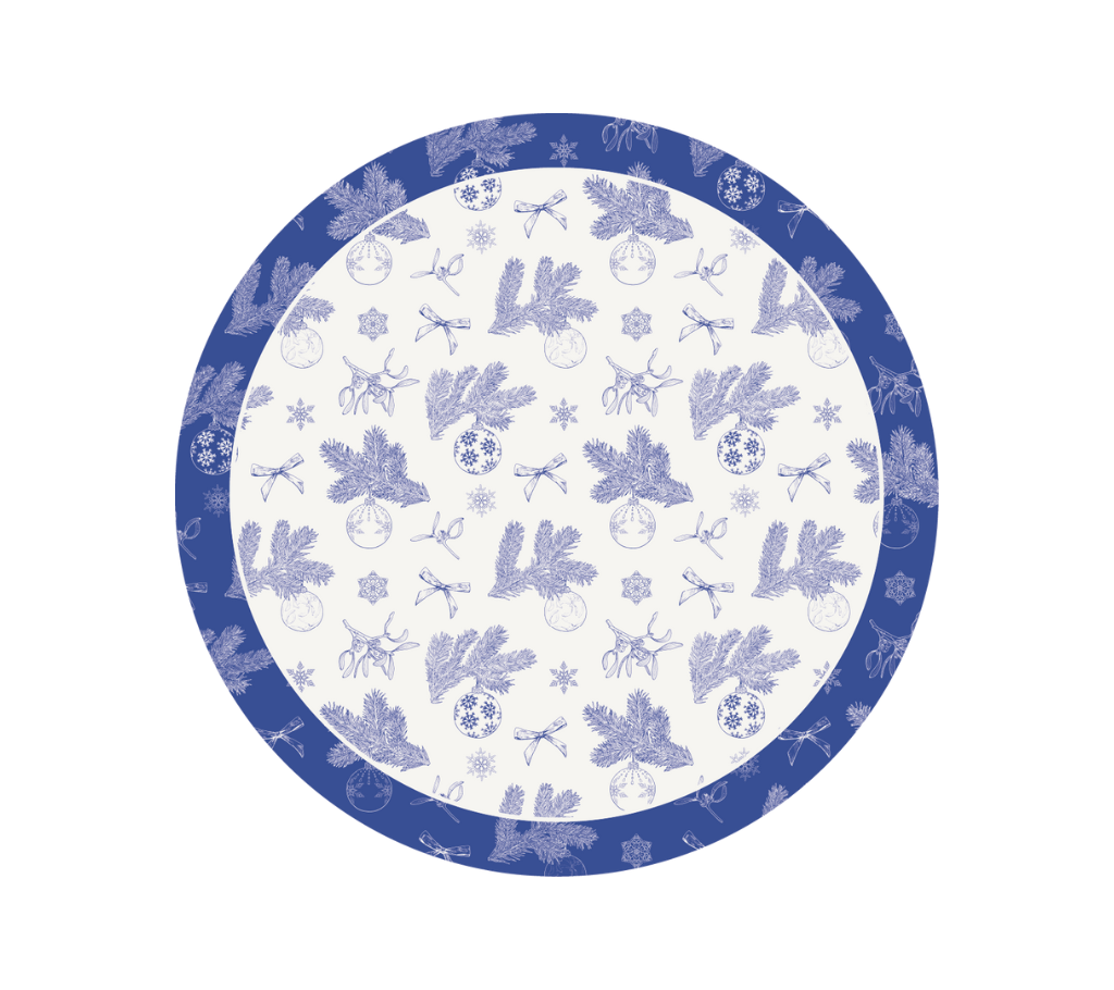 Individual troquelado redondo en tela Navidad Ramas/Bambalinas Azul/Blanco