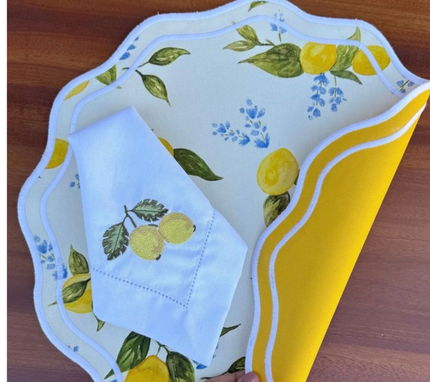 Individual reversible redondo en lona Limones Amarillo/Marfil