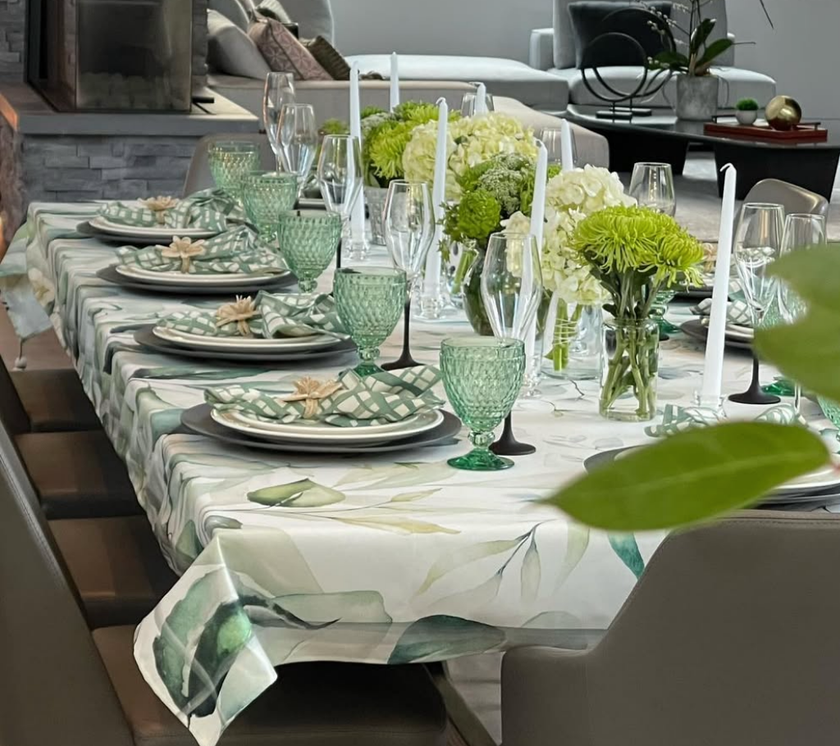 Mantel rectangular 8P en tela Hojas OW/Verde