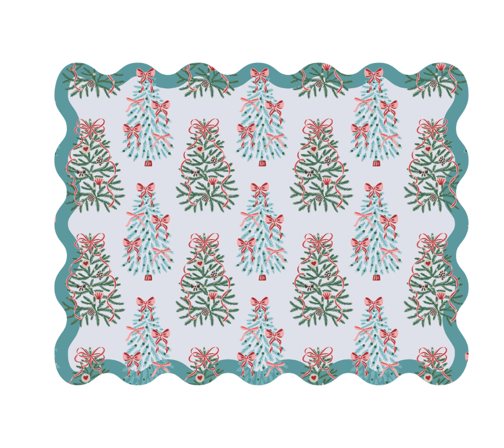 Individual troquelado rectangular en tela Navidad Pinos/Lazos Azul Turquesa/Verde