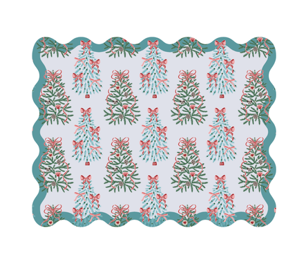 Individual troquelado rectangular en tela Navidad Pinos/Lazos Azul Turquesa/Verde