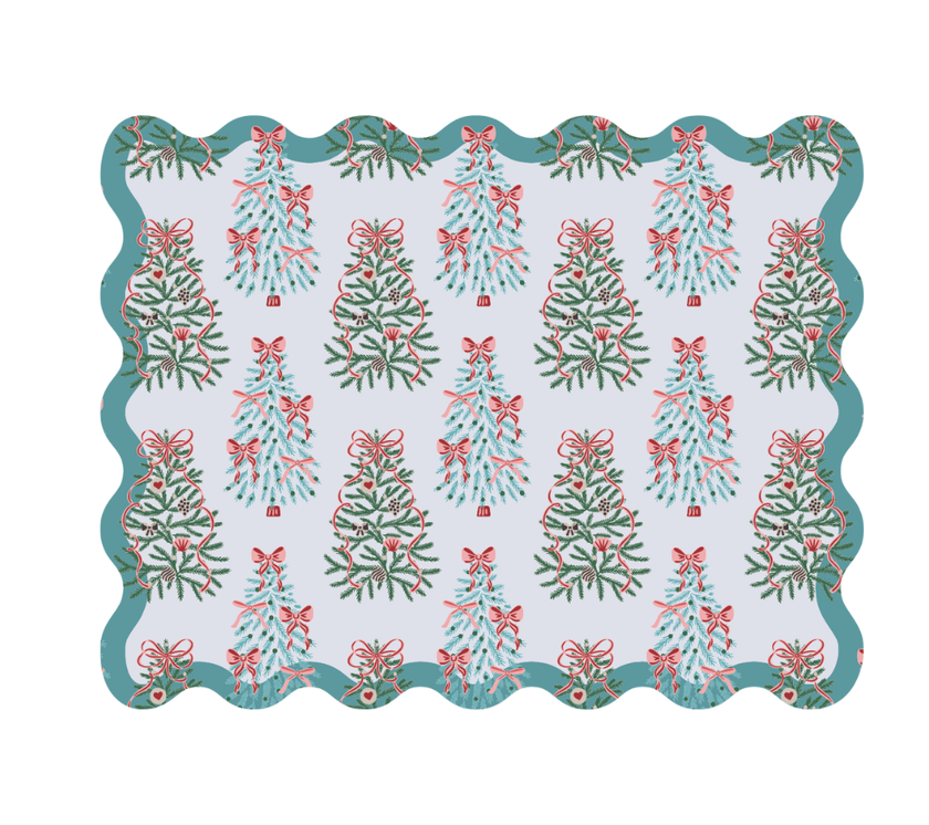 Individual troquelado rectangular en tela Navidad Pinos/Lazos Azul Turquesa/Verde