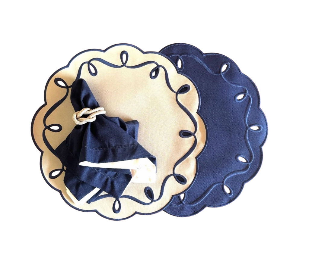 Individual reversible redondo en lona bordado ojales AzulM/Marfil