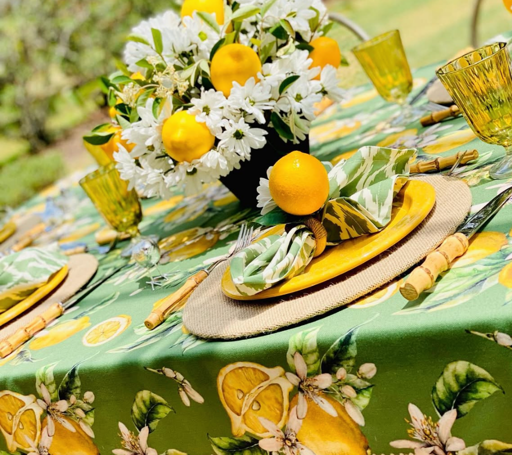 Mantel rectangular 10P en tela Limones Verde/Amarillo