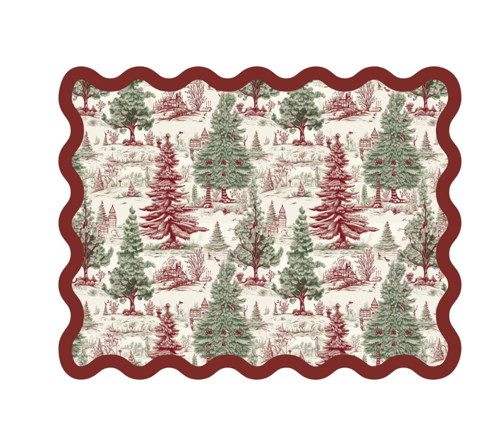 Individual troquelado rectangular en tela Navidad Pinos/Casitas Vino/Verde