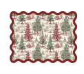Individual troquelado rectangular en tela Navidad Pinos/Casitas Vino/Verde