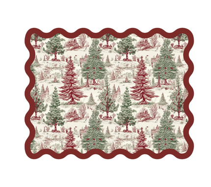 Individual troquelado rectangular en tela Navidad Pinos/Casitas Vino/Verde