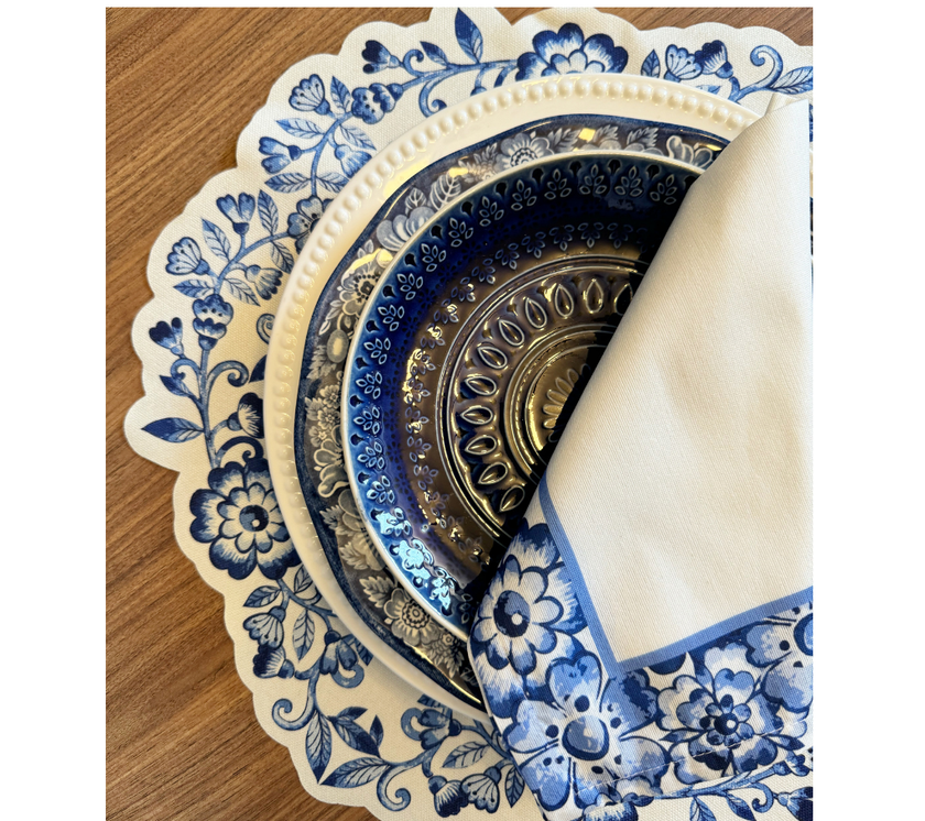 Individual troquelado redondo en tela Flores Azul/Blanco