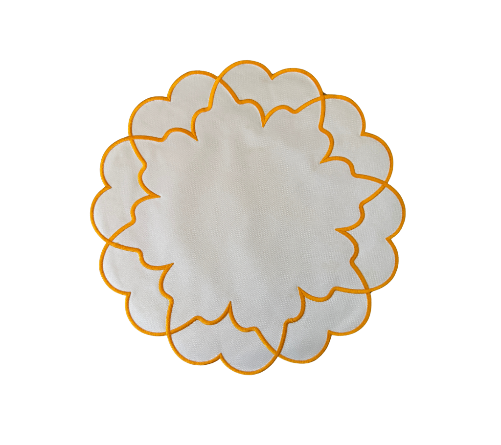 Individual reversible redondo en lona Ondas Puntas Marfil/Anaranjado