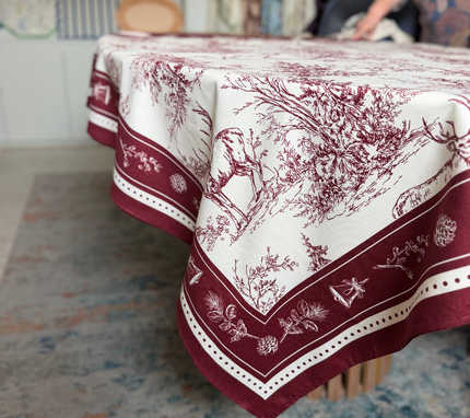 Mantel rectangular 8P en tela Navidad Pinos/Venados Vino