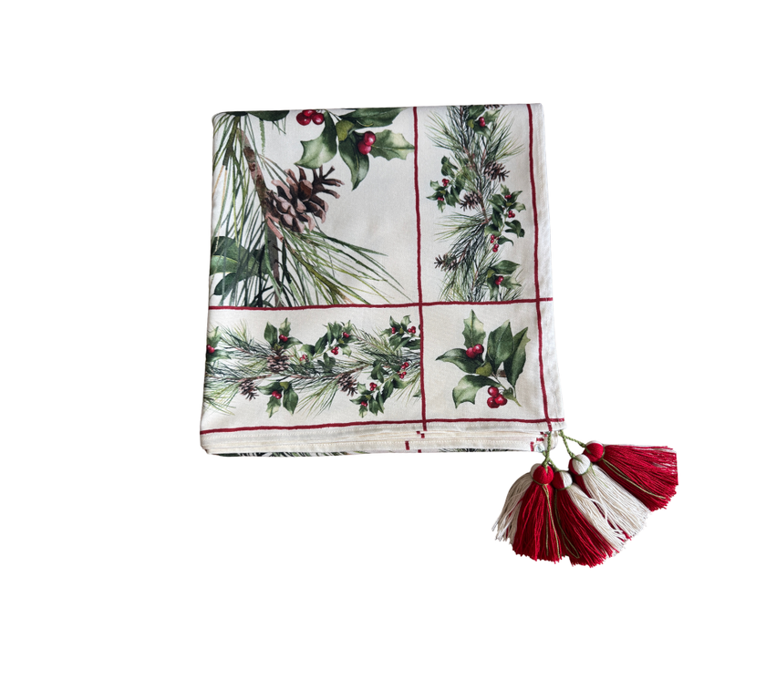 Mantel rectangular 10P en tela Navidad Guirnalda/Piñones