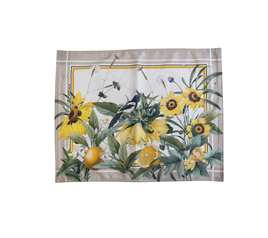 Individual reversible rectangular en tela Margarita Pájaros/Limón