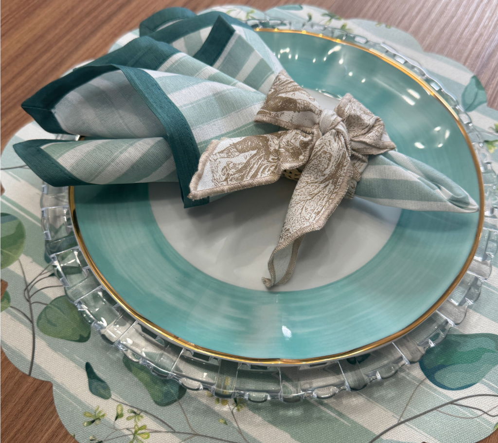 Individual troquelado redondo en tela Hojas/Rayas Verde/OW