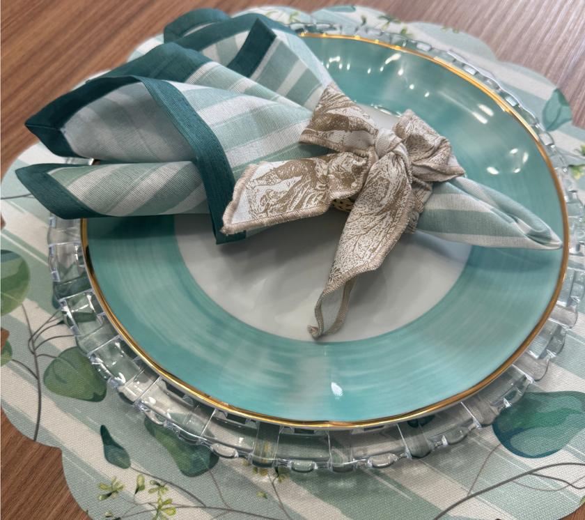 Individual troquelado redondo en tela Hojas/Rayas Verde/OW