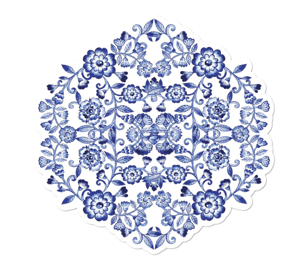 Individual troquelado redondo en tela Flores Azul/Blanco