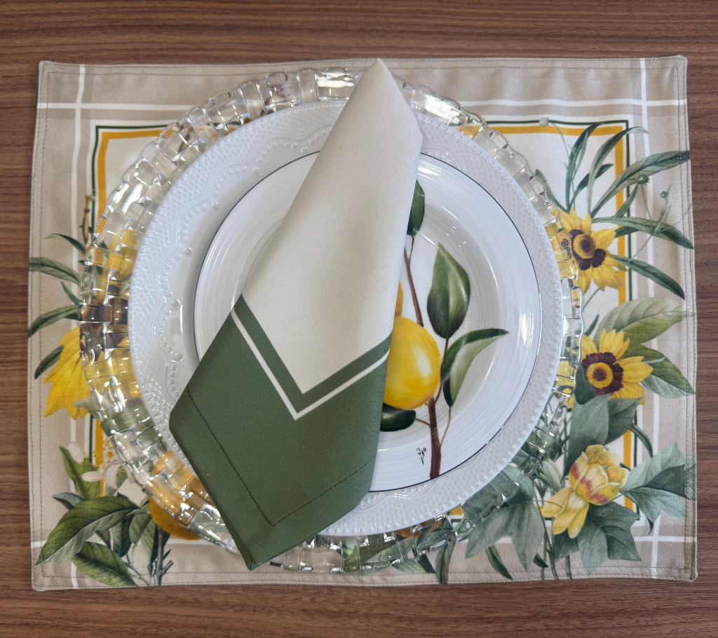 Individual reversible rectangular en tela Margarita Pájaros/Limón