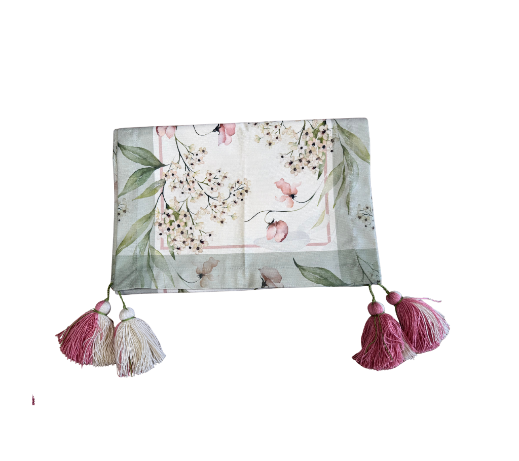 Mantel rectangular 8P en tela FloresHojas Borde Verde