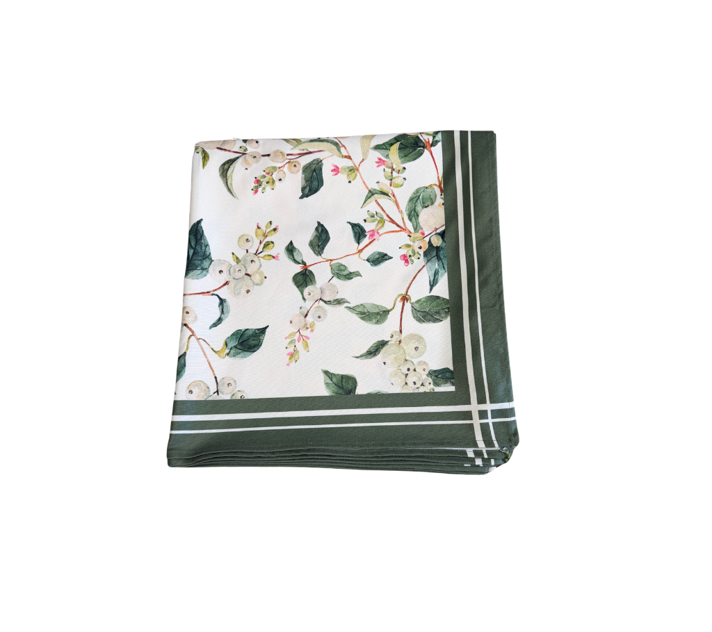 Mantel rectangular 10P en tela Flores/Hojas Verde/Rosado