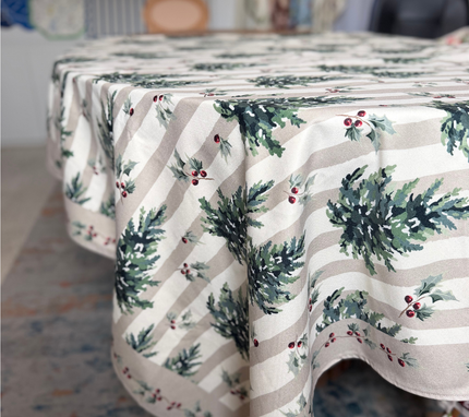 Mantel rectangular 10P en tela Navidad Pinos/Franjas Verde/Beige