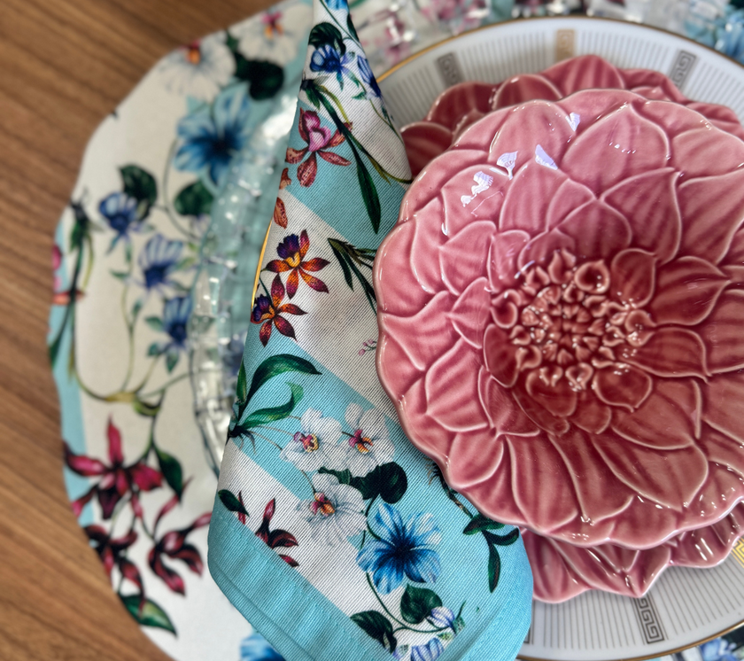 Servilleta de tela Flores/Rayas Azul/OW