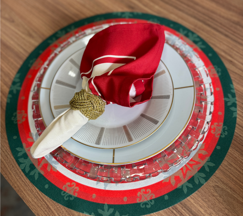 Individual troquelado redondo en tela Navidad Copos Rojo/Verde