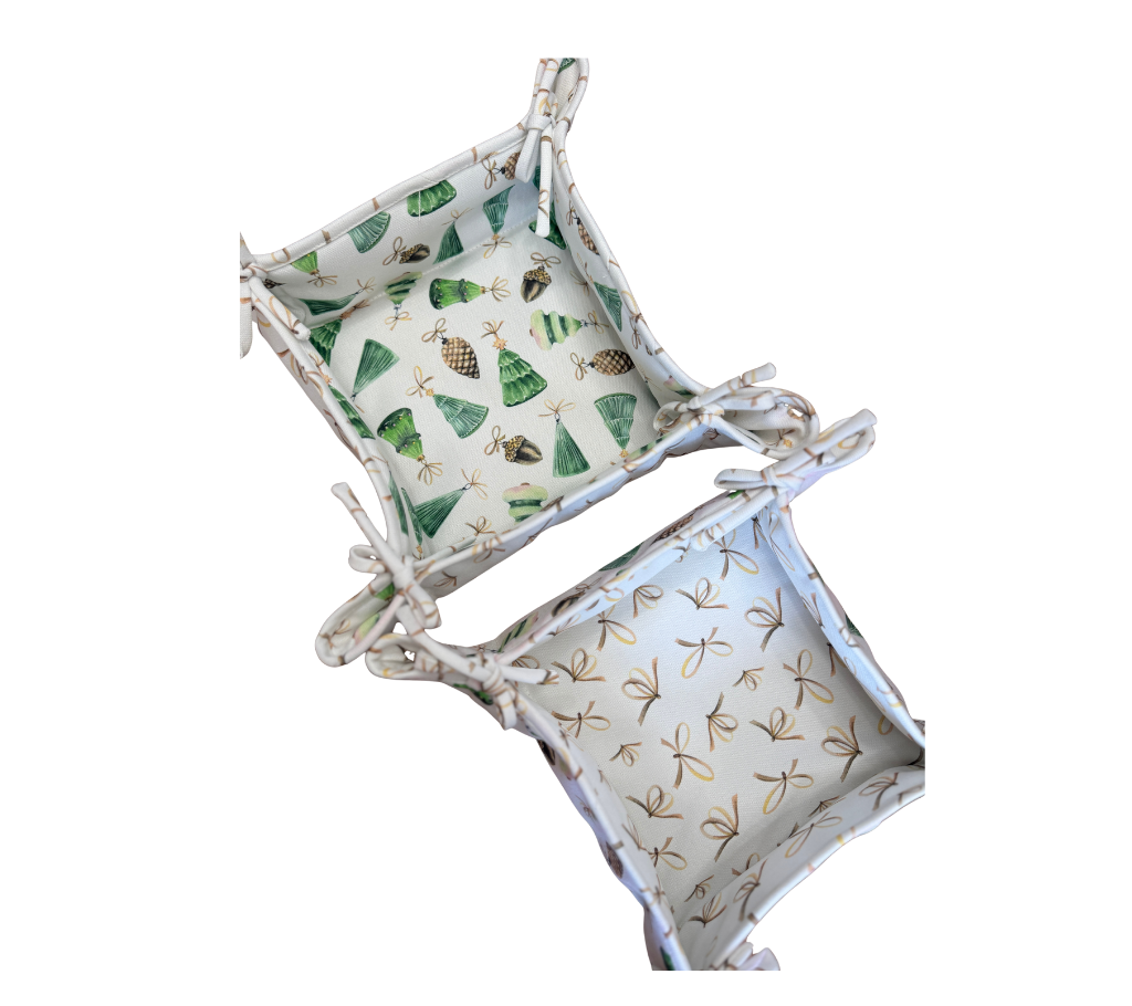 Cesta reversible en tela Navidad Pinos/Piñones/Lazos Verde/Beige