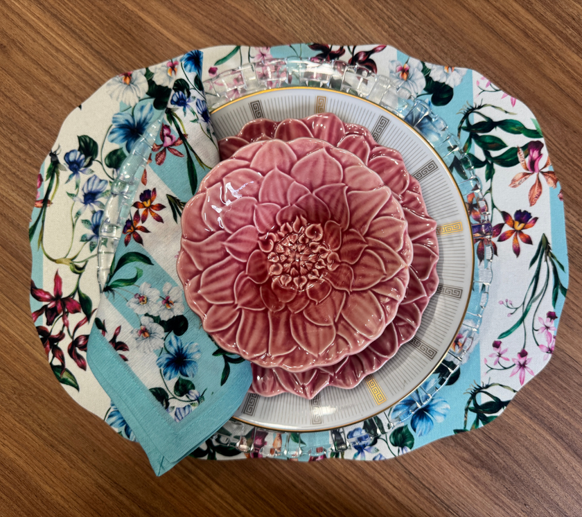 Individual troquelado ovalado en tela Flores/Rayas Azul/OW