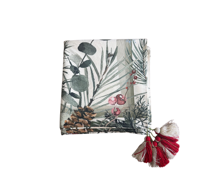 Mantel rectangular 8P en tela Navidad Ramas Pino Borde Verde