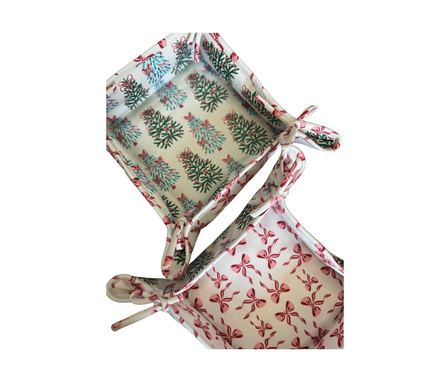 Cesta reversible en tela Navidad Pinos/Lazos Azul Turquesa/Verde/Rosado