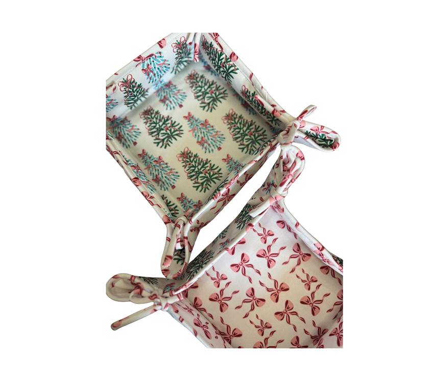 Cesta reversible en tela Navidad Pinos/Lazos Azul Turquesa/Verde/Rosado