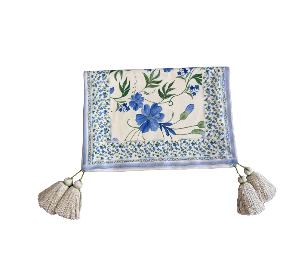 Camino de mesa en tela Borde Flores Azul/Verde 2.2