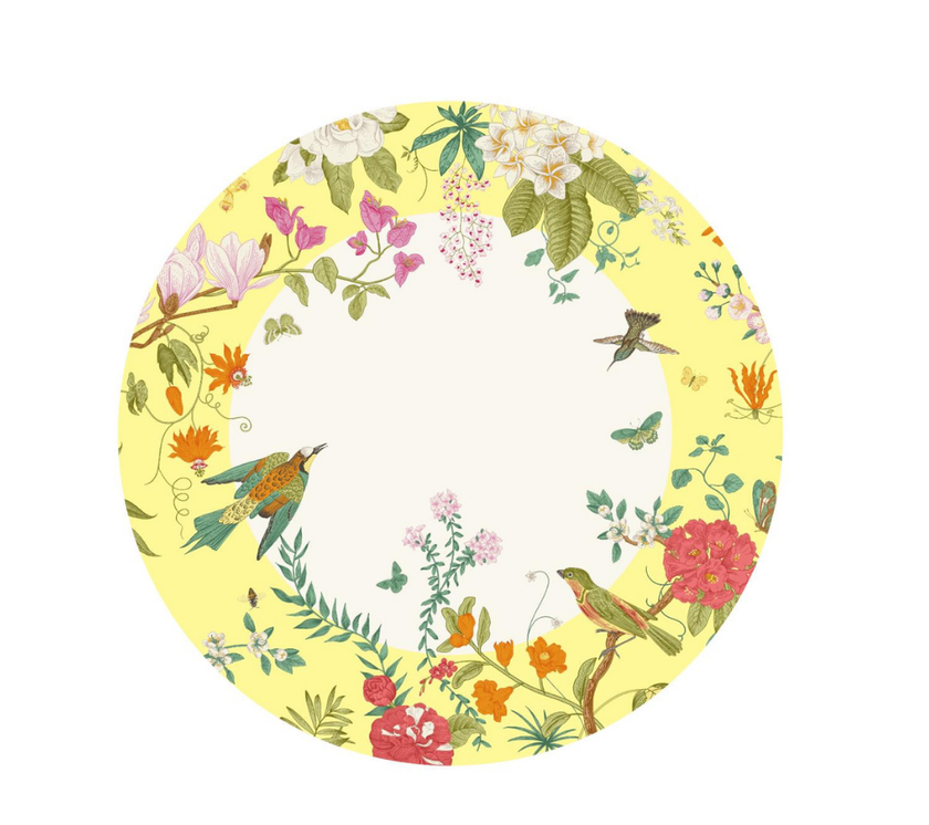 Individual troquelado redondo en tela Pájaros Borde Amarillo