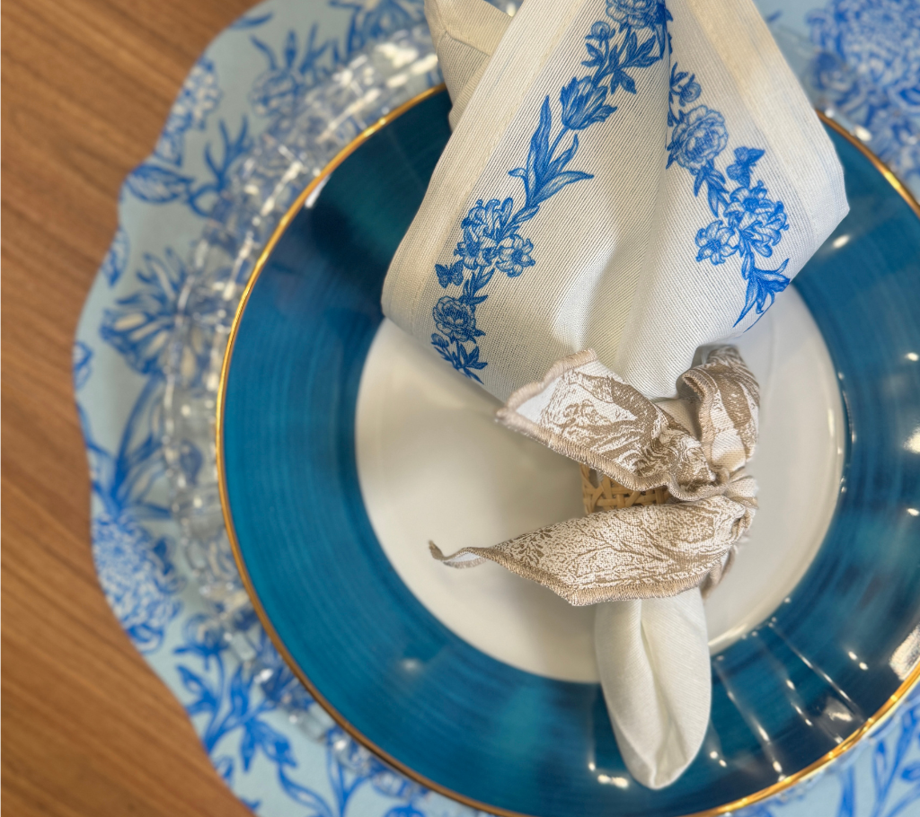 Servilleta de tela Flores Borde Blanco/Azul