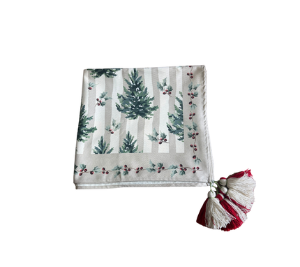 Mantel rectangular 10P en tela Navidad Pinos/Franjas Verde/Beige