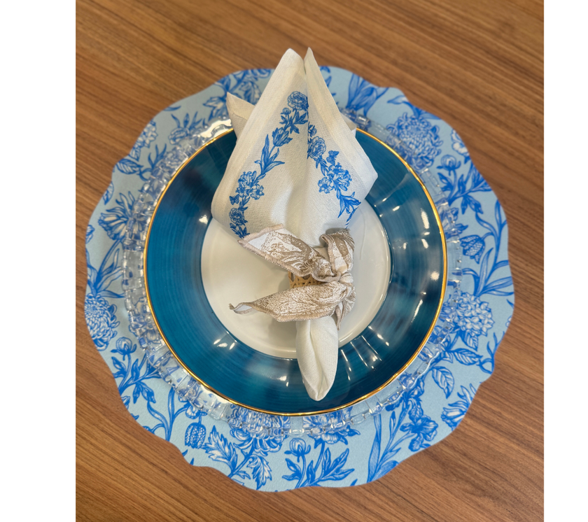 Individual troquelado redondo en tela Flores Azul/Azul