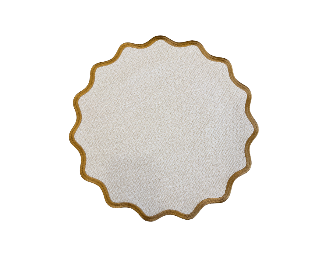 Individual redondo en lona y palma impermeable Beige/Ocre