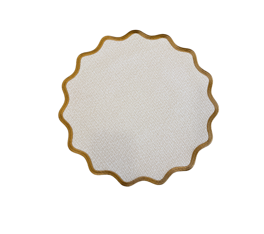Individual redondo en lona y palma impermeable Beige/Ocre