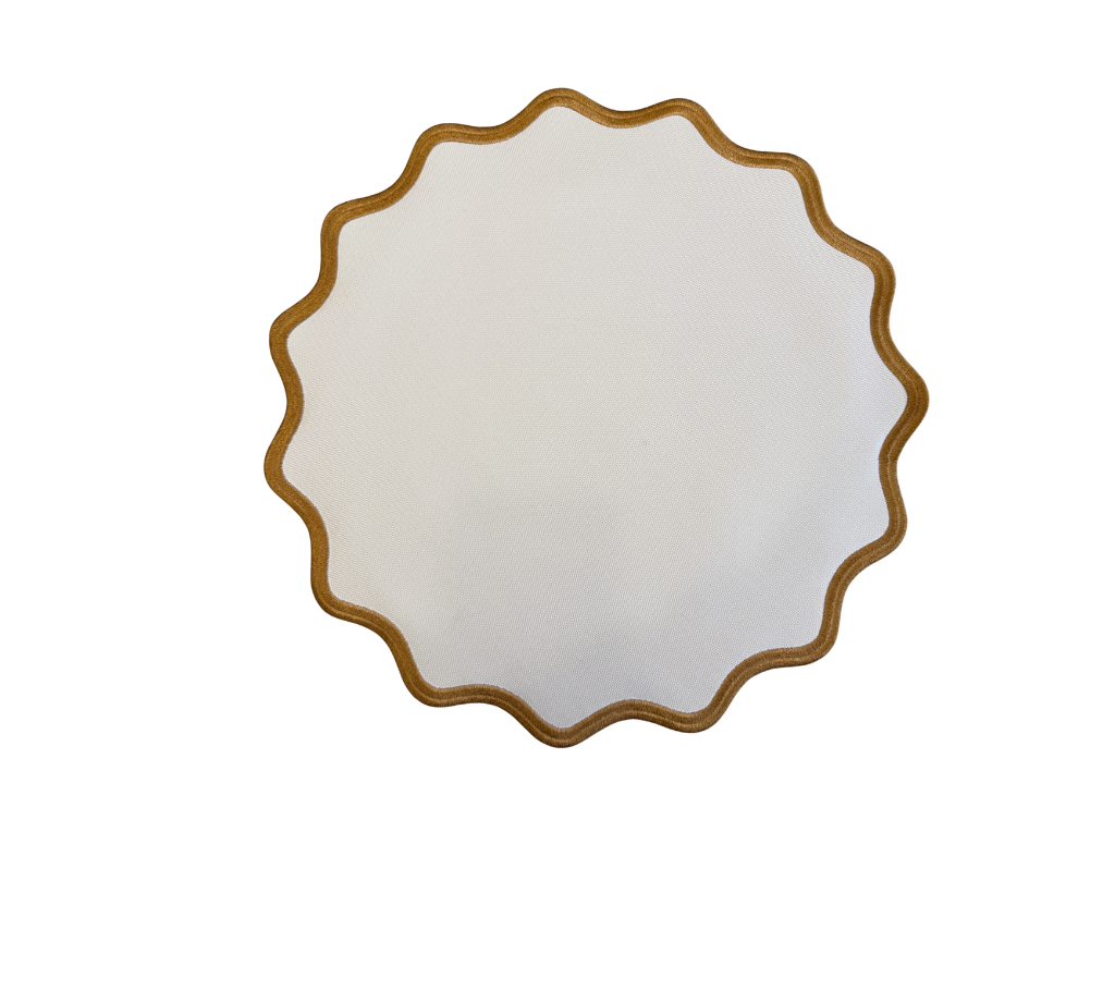 Individual redondo en lona y palma impermeable Beige/Ocre