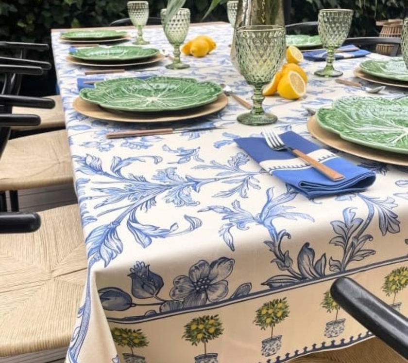 Mantel rectangular 8P en tela Flores Borde Arbolitos OW/Azul/Verde
