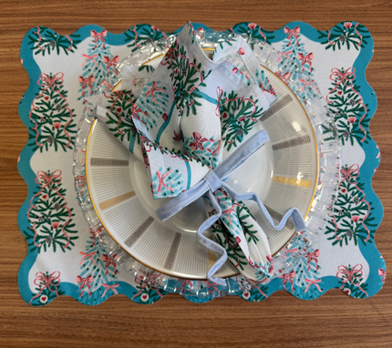 Individual troquelado rectangular en tela Navidad Pinos/Lazos Azul Turquesa/Verde