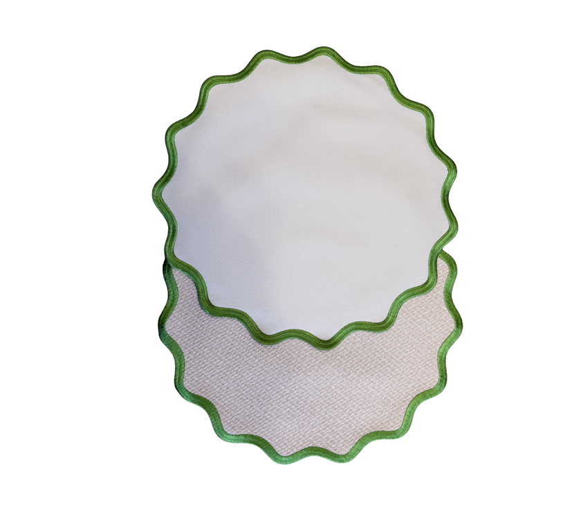 Individual redondo en lona y palma impermeable Beige/VerdeM