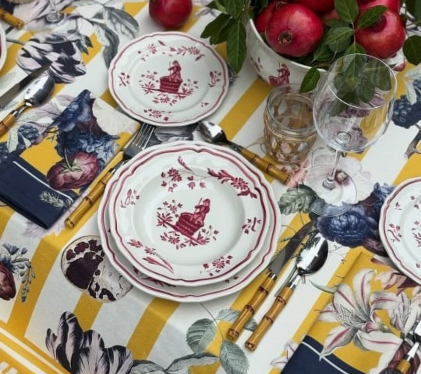 Mantel rectangular 8P en tela GranadasFlores/Franjas Amarillo/OW