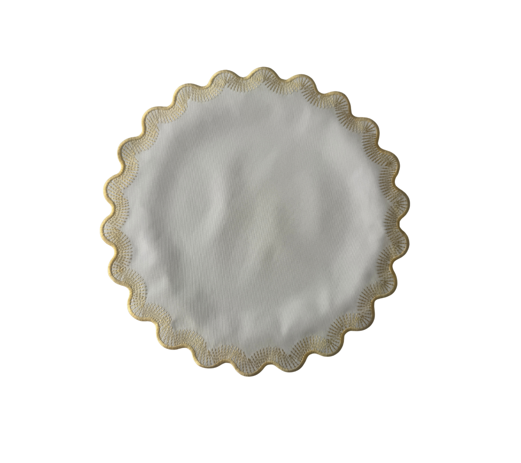 Individual redondo en lona Ondas Puntillas Marfil/Dorado