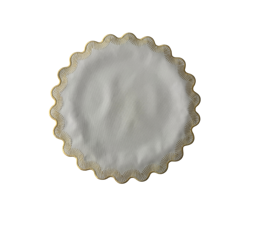 Individual redondo en lona Ondas Puntillas Marfil/Dorado