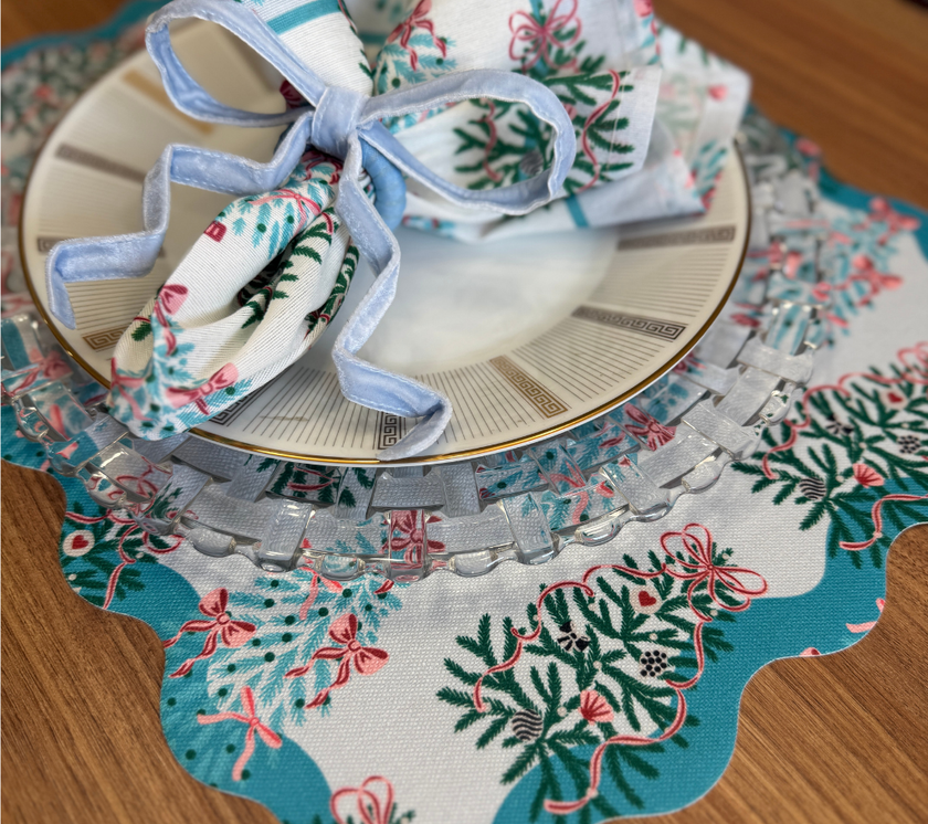 Individual troquelado rectangular en tela Navidad Pinos/Lazos Azul Turquesa/Verde