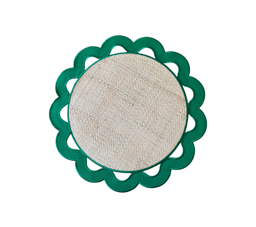 Individual reversible redondo en lona y rafia Huecos Verde