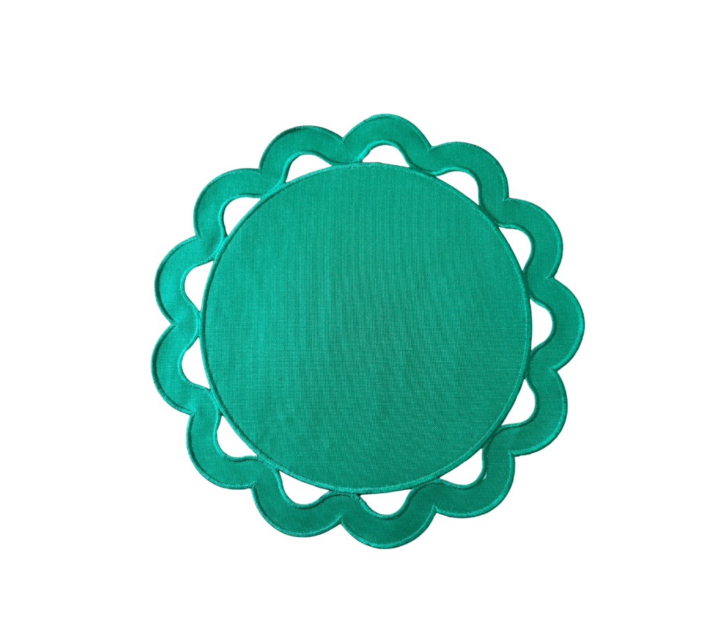 Individual reversible redondo en lona y rafia Huecos Verde