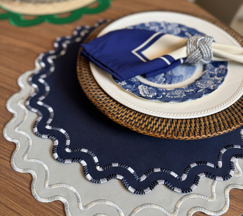 Individual redondo en lona Acordonado Azul/Blanco