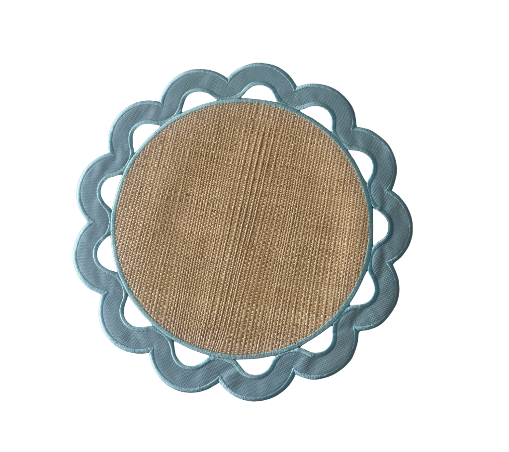 individual reversible redondo en lona y rafia Huecos Azul Claro